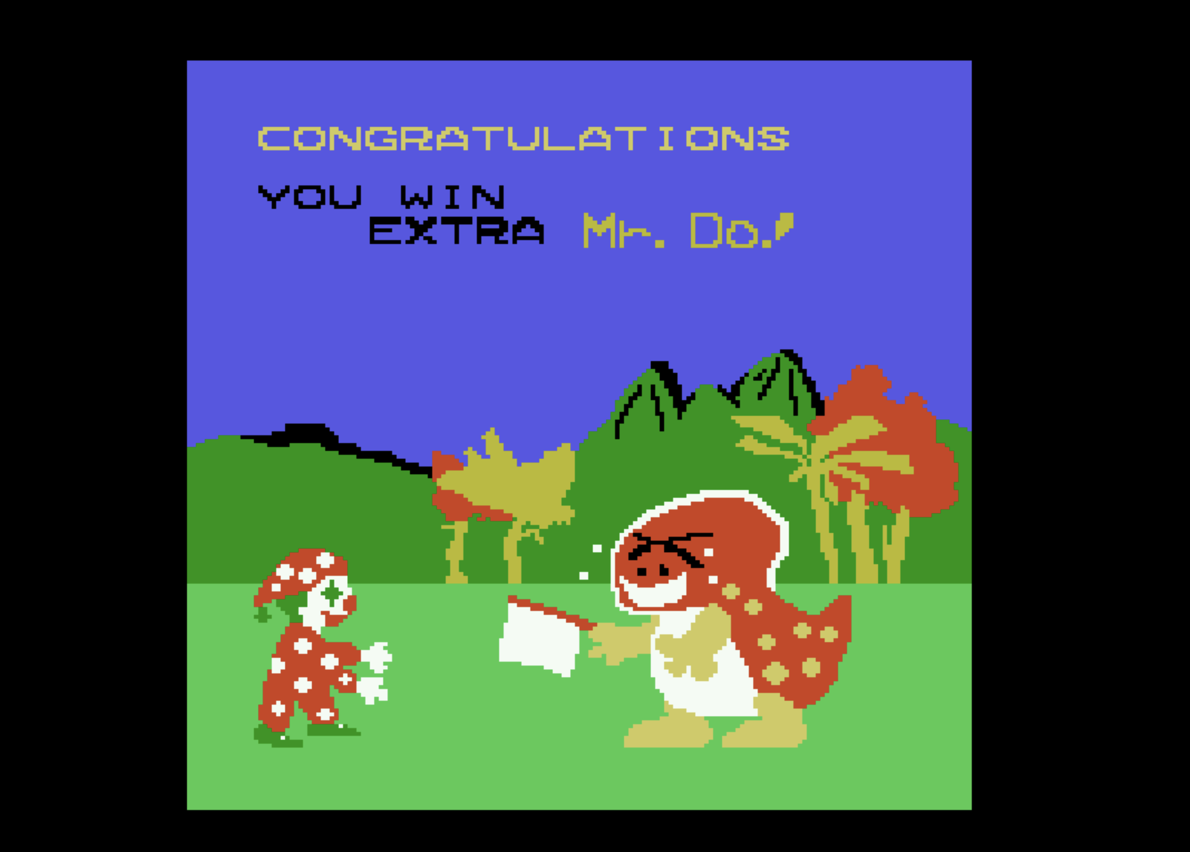 Extra Mr. Do intermission screen with Mr. Do and a bird