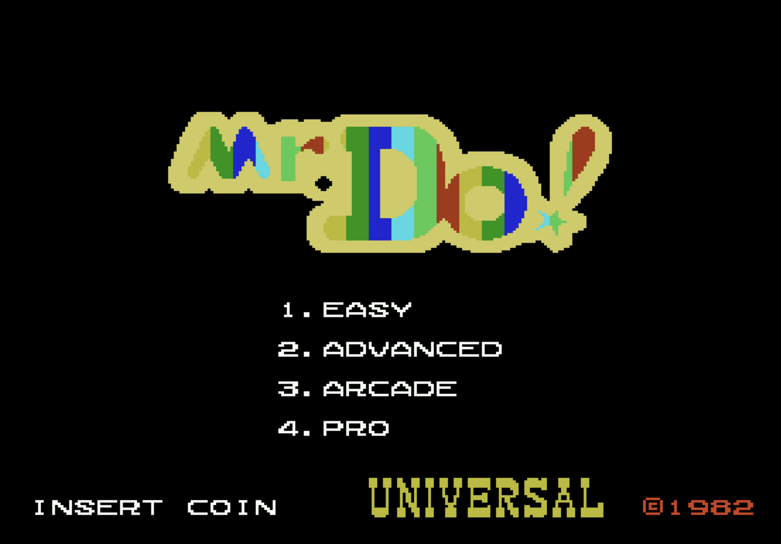 Mr. Do! Arcade title screen with skill options